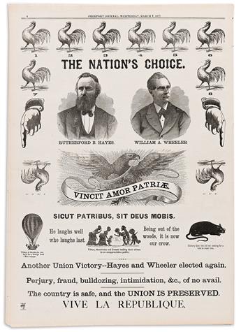 (PRESIDENTS.) Pair of newspapers with satirical full-page illustrations on the 1876 and 1884 elections.